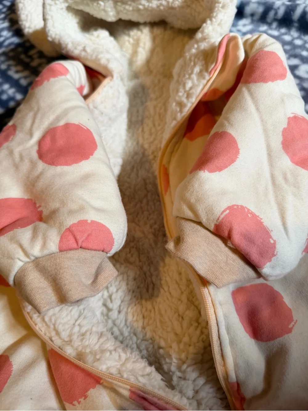 Cream One-Piece Footie with Pink Polka Dots and Sherpa Hood